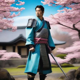 A 30-year-old Japanese commander with a long cyan katana, standing confidently in traditional samurai armor