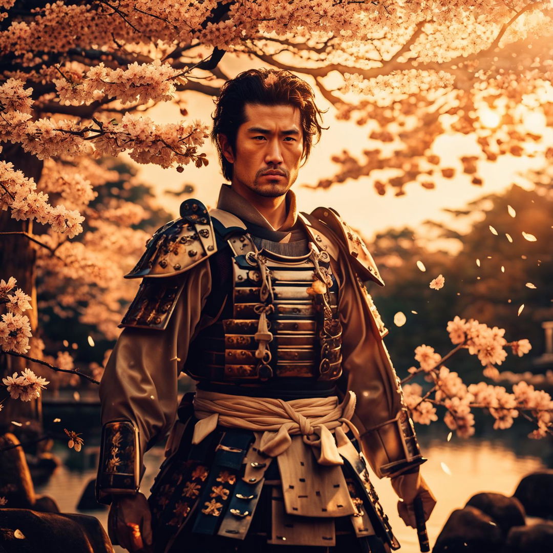 A 30-year-old Japanese commander in traditional samurai armor with a katana, standing in a picturesque Japanese garden with cherry blossoms in full bloom and a serene, golden sunset