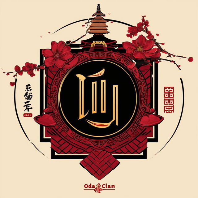 A logo for the Oda clan featuring traditional Japanese elements, the clan's emblem, and a color palette of deep reds, blacks, and golds to evoke power, honor, and nobility