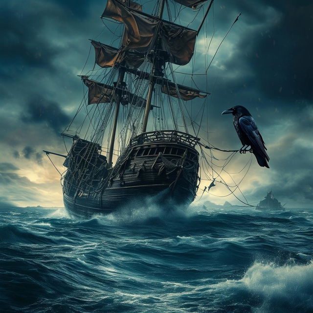 A book cover featuring a crow on a pirate ship stranded on an island, with a stormy sea in the background