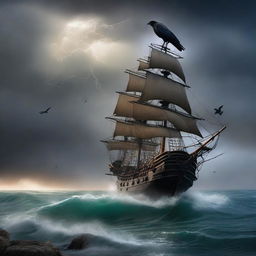 A cover of a book featuring a crow perched on a pirate ship stranded on a desolate island