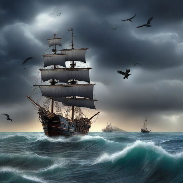 A cover of a book featuring a crow perched on a pirate ship stranded on a desolate island