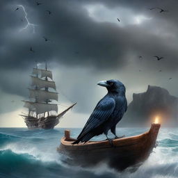 A cover of a book featuring a crow perched on a pirate ship stranded on a desolate island