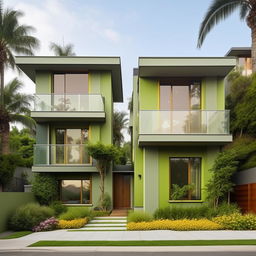 A 35*34 square feet duplex house exterior with a modern design, painted with a vibrant combination of green colors. It has large windows, and lush landscaping.