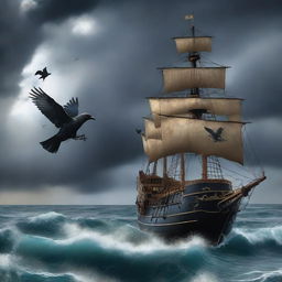 A cover of a book featuring a crow perched on a pirate ship stranded on a desolate island