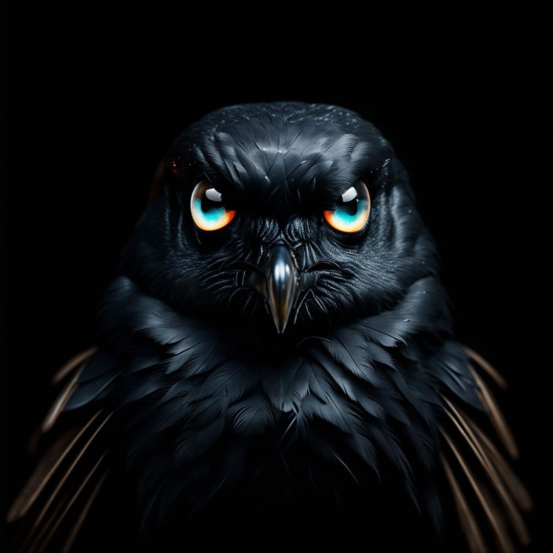 An image of a four-eyed crow against a black background, with sleek feathers and glowing eyes, creating an eerie and mysterious atmosphere