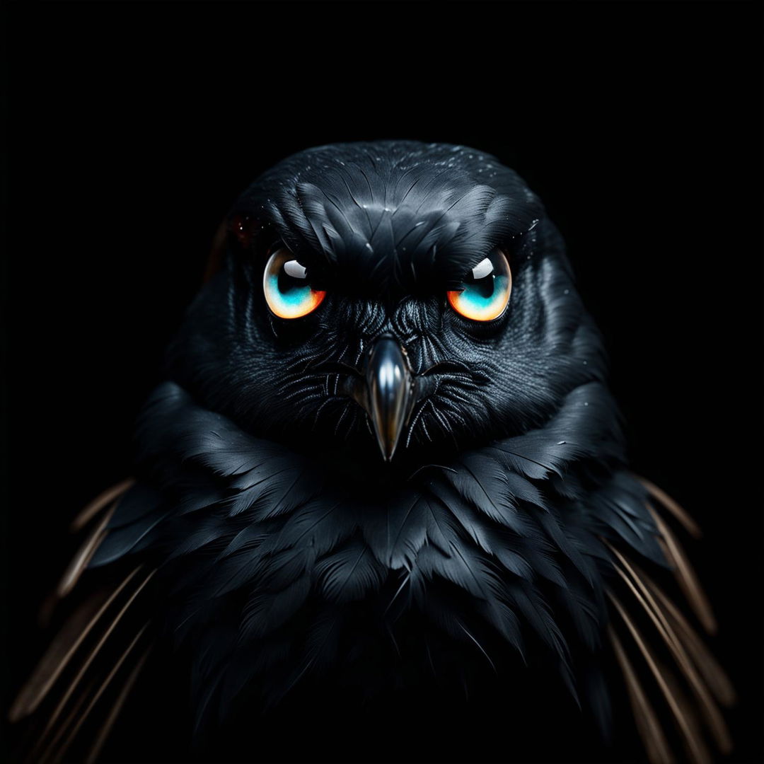 An image of a four-eyed crow against a black background, with sleek feathers and glowing eyes, creating an eerie and mysterious atmosphere