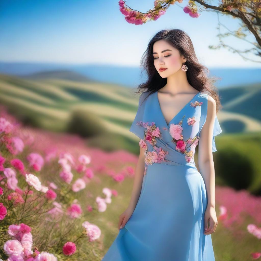 A beautiful woman with a serene expression, elegantly dressed in a flowing gown, standing in a picturesque landscape with vibrant flowers and a clear blue sky