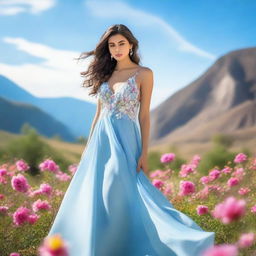 A beautiful woman with a serene expression, elegantly dressed in a flowing gown, standing in a picturesque landscape with vibrant flowers and a clear blue sky