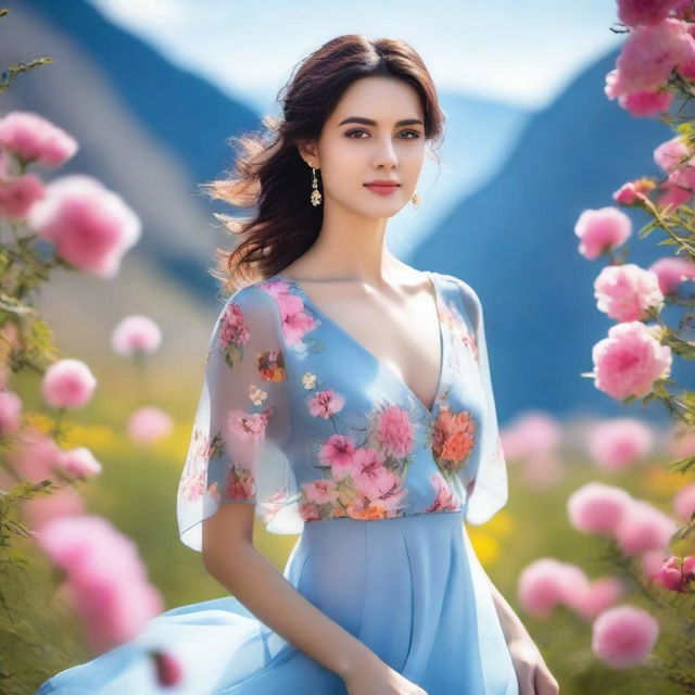 A beautiful woman with a serene expression, elegantly dressed in a flowing gown, standing in a picturesque landscape with vibrant flowers and a clear blue sky