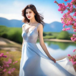 A beautiful woman with a serene expression, elegantly dressed in a flowing gown, standing in a picturesque landscape with vibrant flowers and a clear blue sky