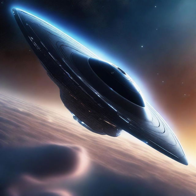 A detailed illustration of a futuristic spaceship soaring through the vast expanse of space, with stars and distant galaxies in the background