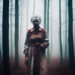 An old woman wearing a porcelain doll mask standing in the middle of a forest with blood-stained hands