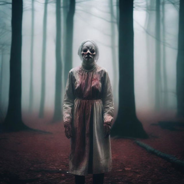 An old woman wearing a porcelain doll mask standing in the middle of a forest with blood-stained hands