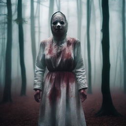 An old woman wearing a porcelain doll mask standing in the middle of a forest with blood-stained hands