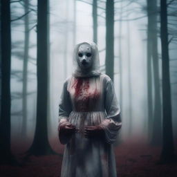 An old woman wearing a porcelain doll mask standing in the middle of a forest with blood-stained hands