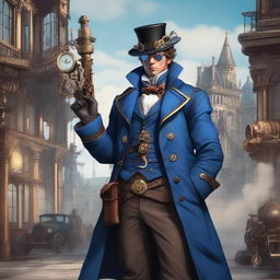 A male character in a steampunk setting, wearing a blue coat and holding a gun