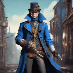 A male character in a steampunk setting, wearing a blue coat and holding a gun