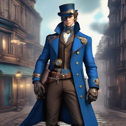 A male character in a steampunk setting, wearing a blue coat and holding a gun