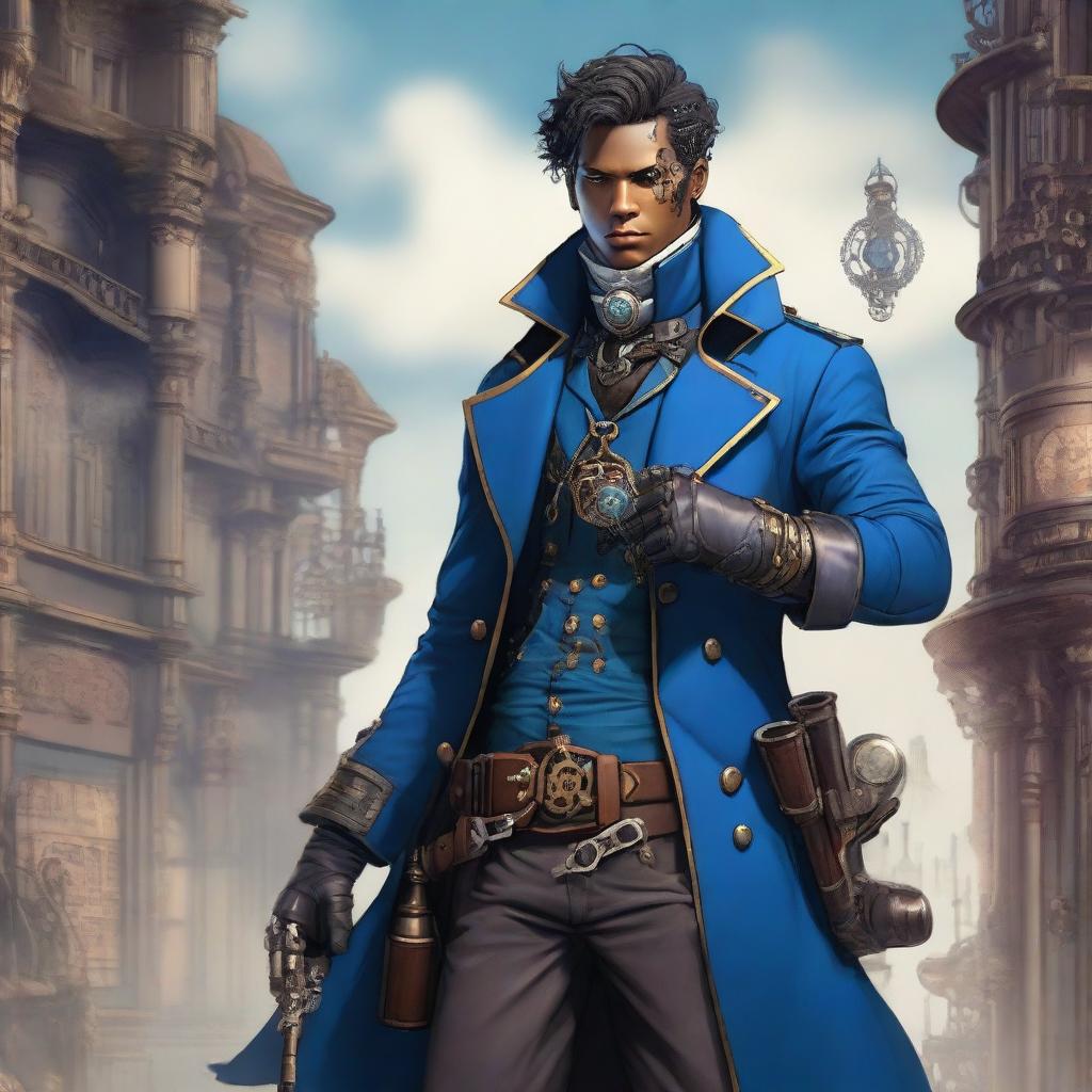 A male character in a steampunk setting, wearing a blue coat and holding a gun