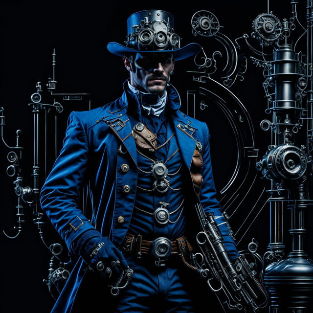 A male character in a blue coat holding a gun in a steampunk setting with a dark background