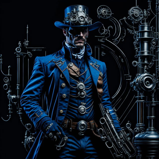 A male character in a blue coat holding a gun in a steampunk setting with a dark background