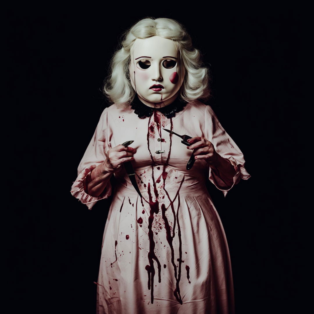 An old, overweight woman in a vintage pink dress wearing a porcelain doll mask and holding a blood-stained knife