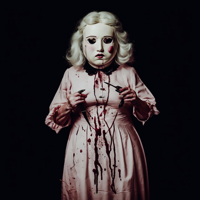 An old, overweight woman in a vintage pink dress wearing a porcelain doll mask and holding a blood-stained knife