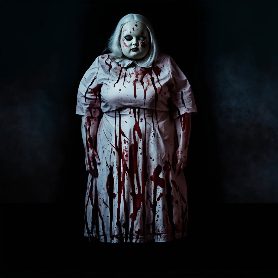 An old, overweight woman in a vintage pink dress wearing a blood-stained porcelain doll mask