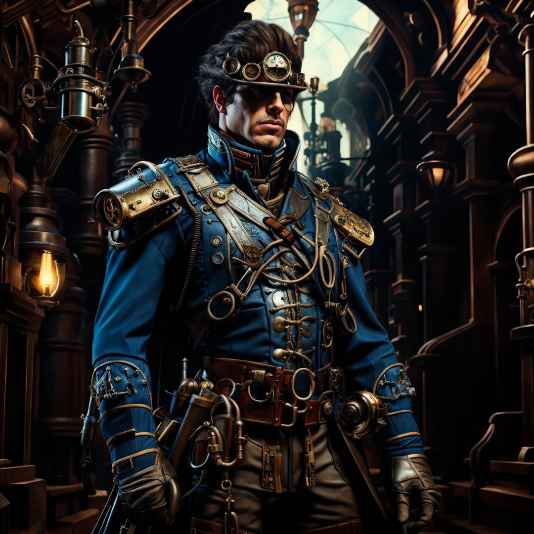 A dirty male guard in a fantasy steampunk setting, wearing a mix of medieval and steampunk attire with a rifle on his back