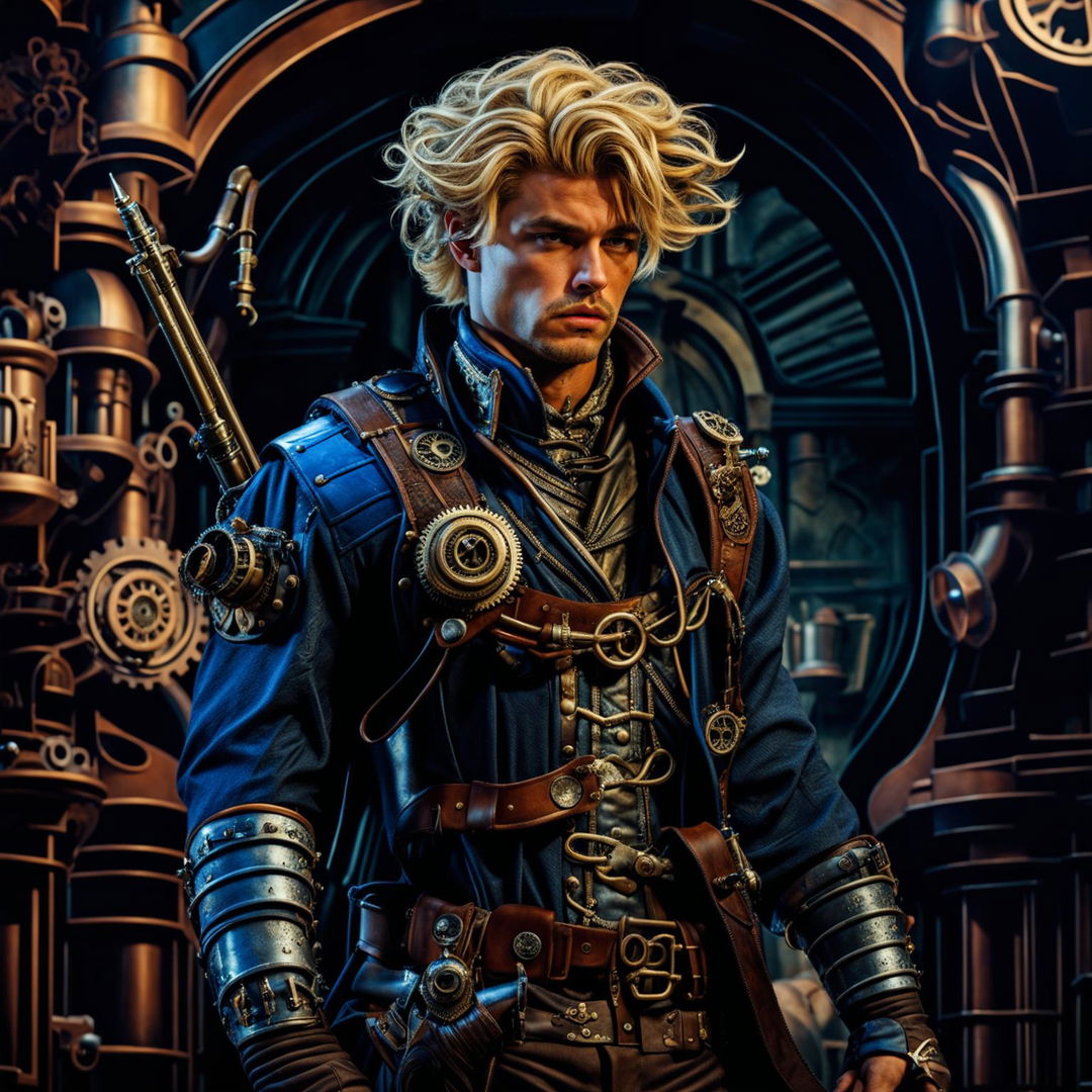 A dirty male guard with blonde hair in a fantasy steampunk setting, wearing a mix of medieval and steampunk attire with a rifle on his back