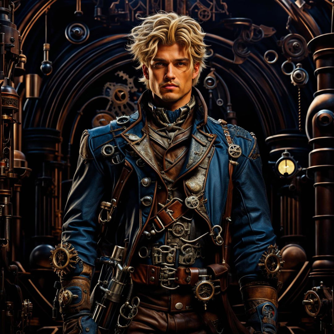 A dirty male guard with short blonde hair in a fantasy steampunk setting, wearing a mix of medieval and steampunk attire with a rifle on his back