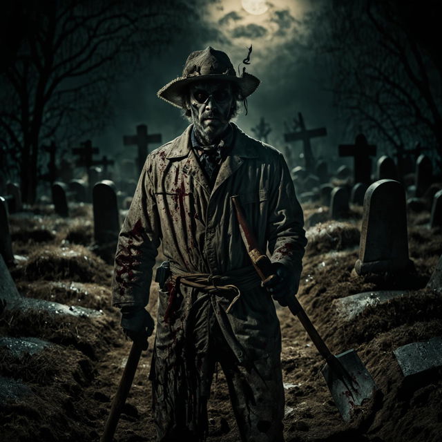 A serial killer gravedigger in a desolate cemetery at night, dressed in tattered clothes and holding a blood-stained shovel