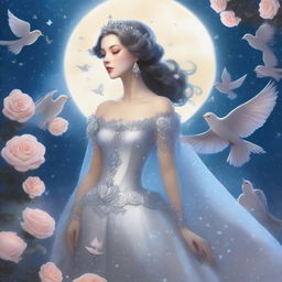 A woman dressed in princess attire stands amidst silver roses