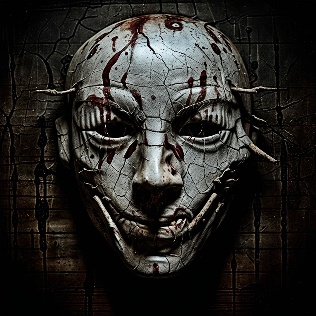 A terrifying serial killer's mask with hollow eyes, a twisted smile, and blood stains, set against a dark and shadowy background