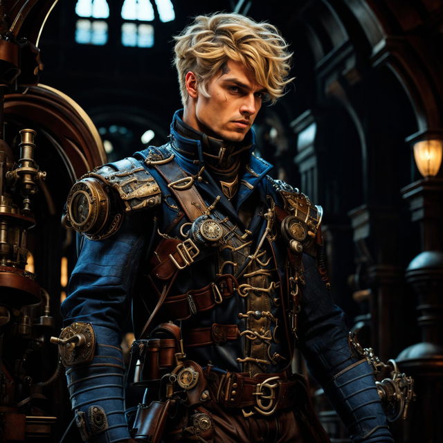 A dirty male guard with very short blonde hair in a fantasy steampunk setting, wearing a mix of medieval and steampunk attire with a rifle on his back