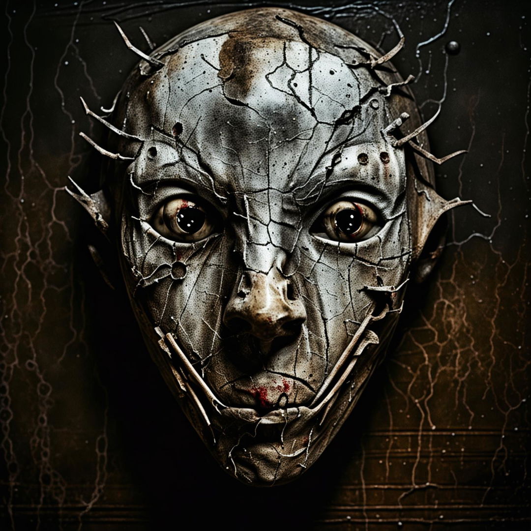 A detailed depiction of a terrifying serial killer's mask with grotesque features, dark hollow eye sockets, and blood stains