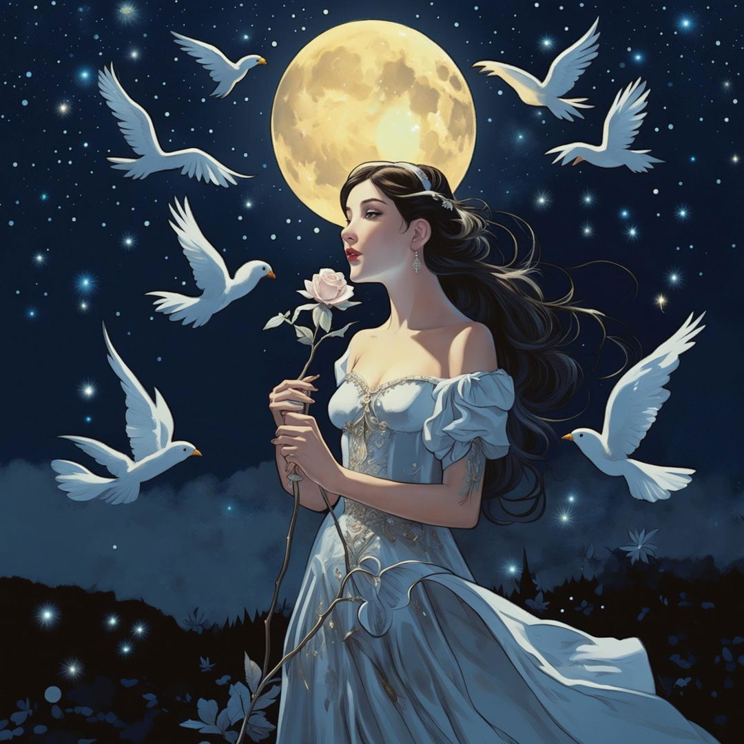 A woman in princess attire holding a silver rose under a starry sky with a bright moon and five birds flying, creating an enchanting and serene atmosphere