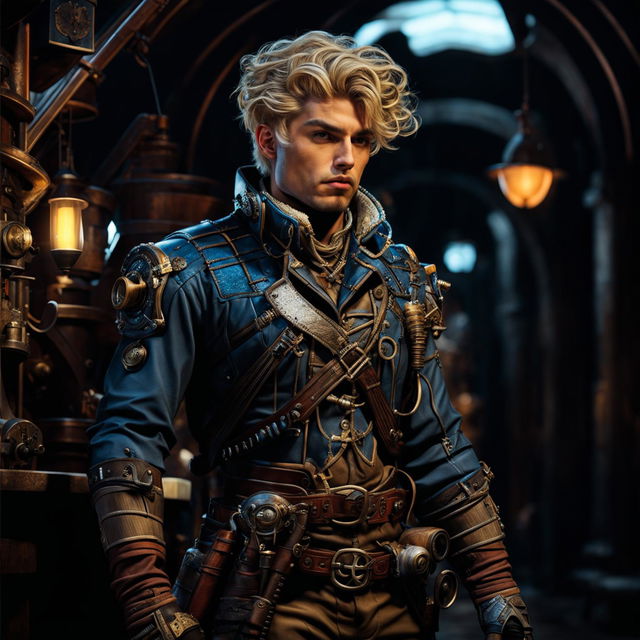 A dirty male guard with very short blonde hair in a Dungeons and Dragons-themed fantasy steampunk setting, wearing a mix of medieval and steampunk attire with a rifle on his back