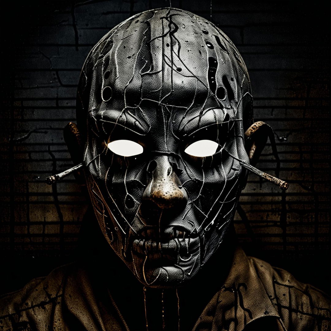 A detailed depiction of a serial killer's mask with a sinister and menacing appearance, featuring dark, hollow eyes and a twisted expression