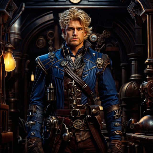 A dirty male guard in his 40s with very short blonde hair in a Dungeons and Dragons-themed fantasy steampunk setting, wearing a mix of medieval and steampunk attire with a rifle on his back