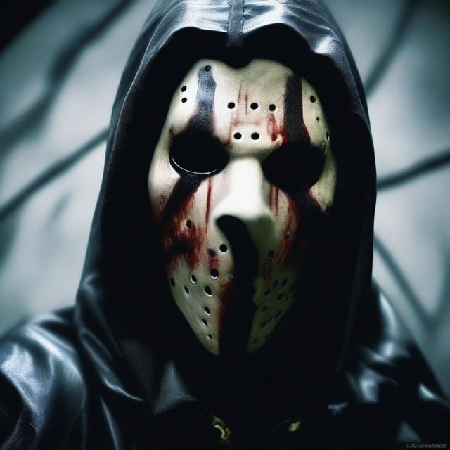 A detailed image of a slasher mask, featuring eerie and menacing details