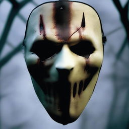 A detailed image of a slasher mask, featuring eerie and menacing details