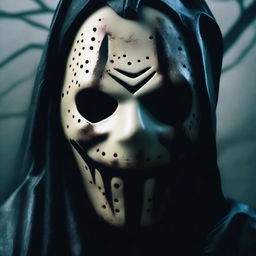 A detailed image of a slasher mask, featuring eerie and menacing details