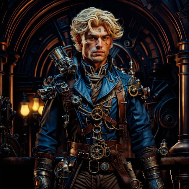 A dirty male guard in his 50s with very short blonde hair in a Dungeons and Dragons-themed fantasy steampunk setting, wearing a mix of medieval and steampunk attire with a rifle on his back