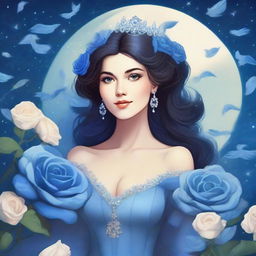 A woman dressed in princess attire surrounded by several blue roses