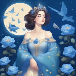 A woman dressed in princess attire surrounded by several blue roses