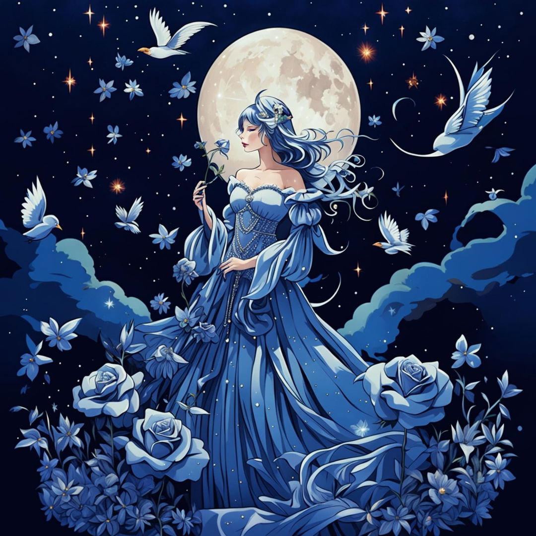 A woman dressed in princess attire holding a silver rose, surrounded by blue roses