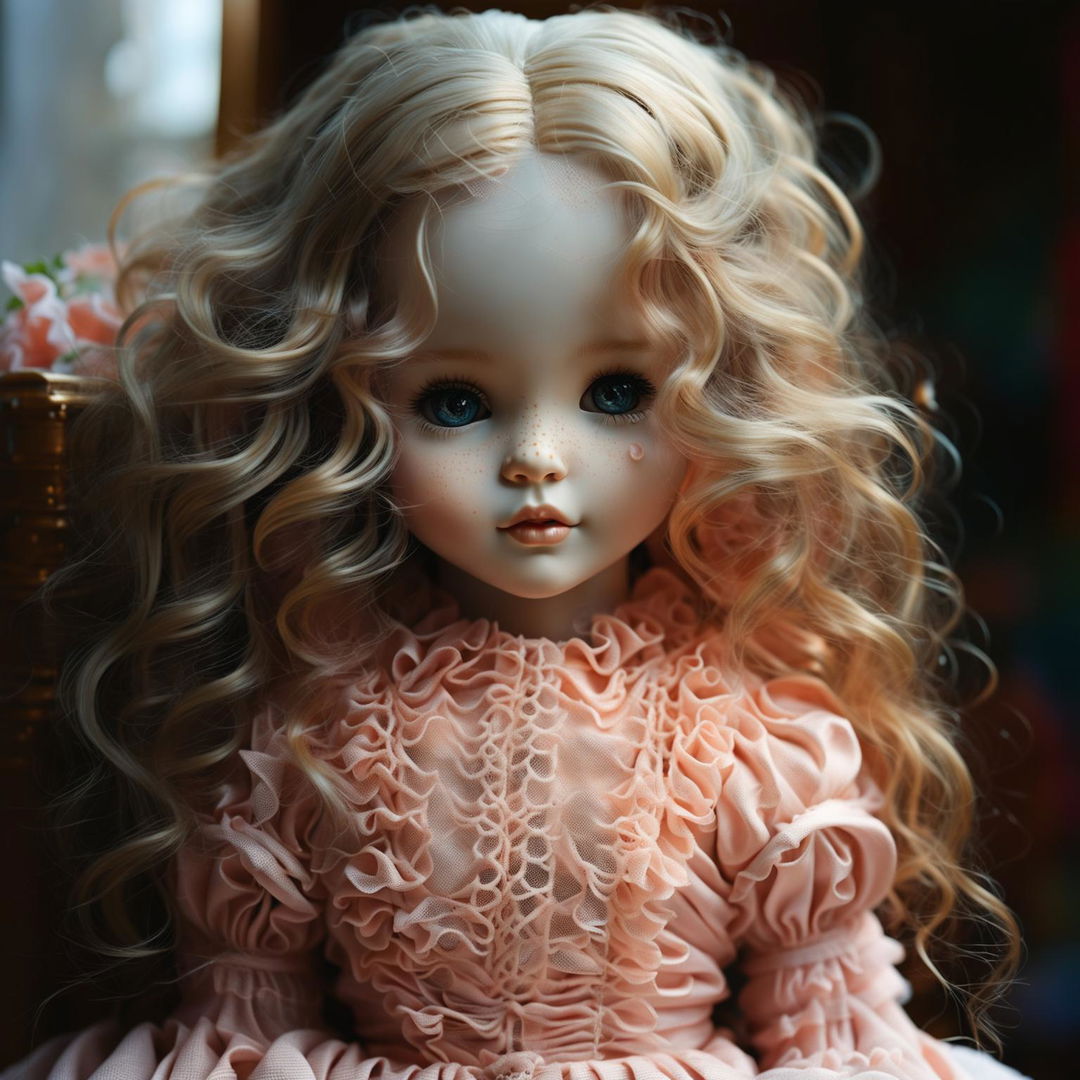 A highly detailed image of a porcelain doll with blonde curls, brown eyes, and a pink dress