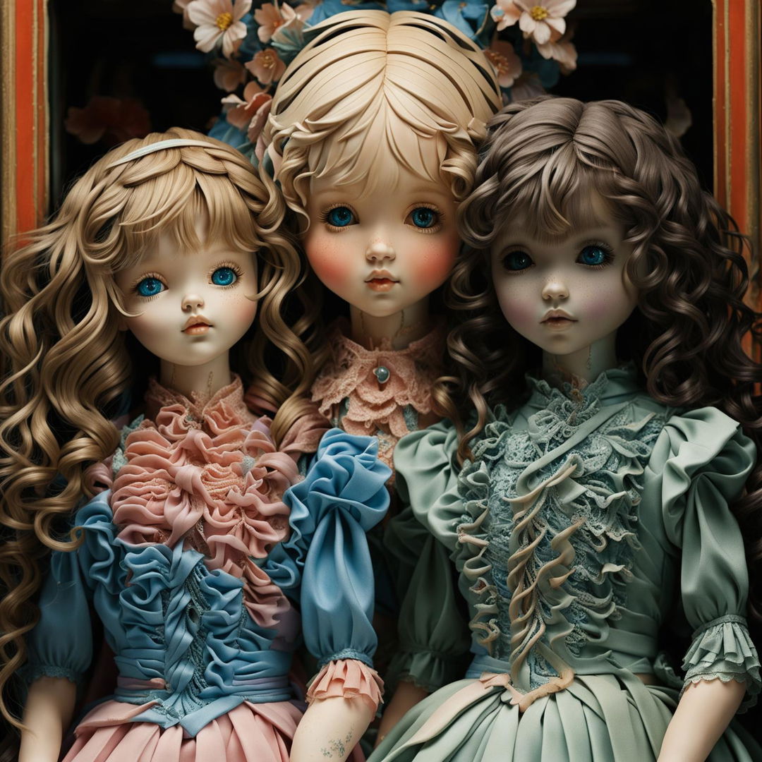 A highly detailed image featuring four distinct porcelain dolls: one with blonde curls and brown eyes in a pink dress, one with short hair and blue eyes with a scar in a pastel purple dress, one with wavy blonde hair and green eyes in a green dress, and one with straight black hair and dark brown eyes in a baby blue dress, all set in an elegant, softly lit background